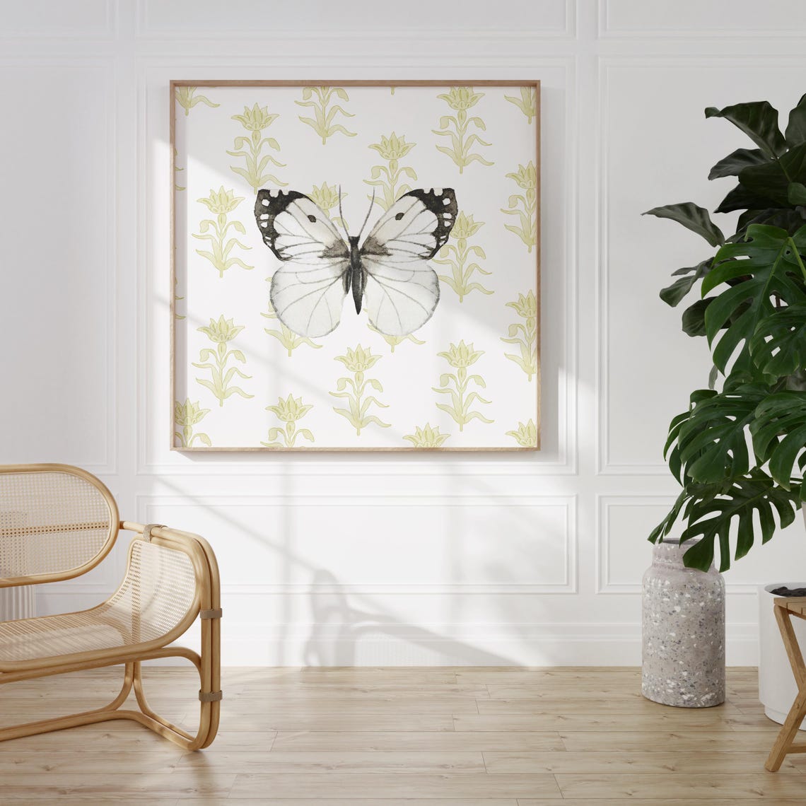 Delicate White Butterfly on Chartreuse Floral Pattern Poster - Image 2