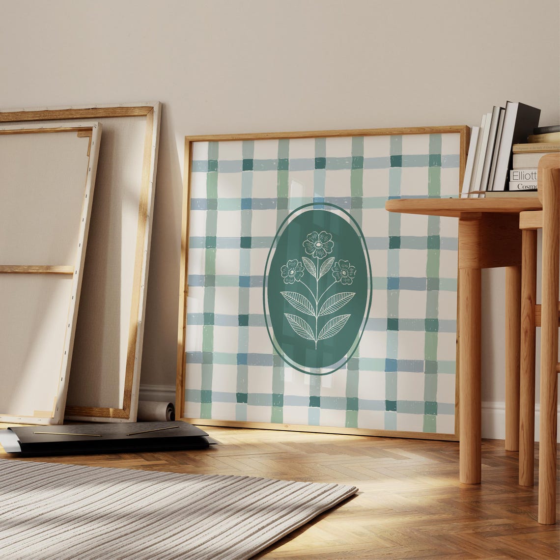 Blue Green Check Plaid Teal Medallion White Floral Square Wall Art - Image 3
