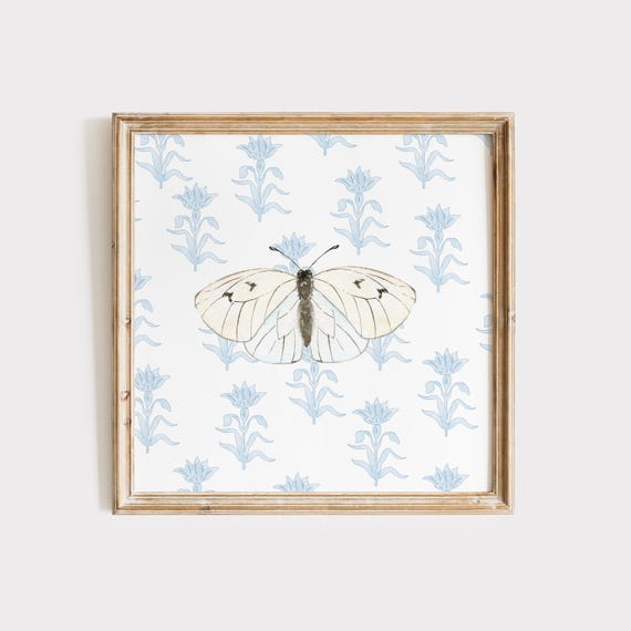 Blue Watercolor Butterfly Square Print Wall Art Trendy Decor Floral Illustration Living Room Art Print Square Print