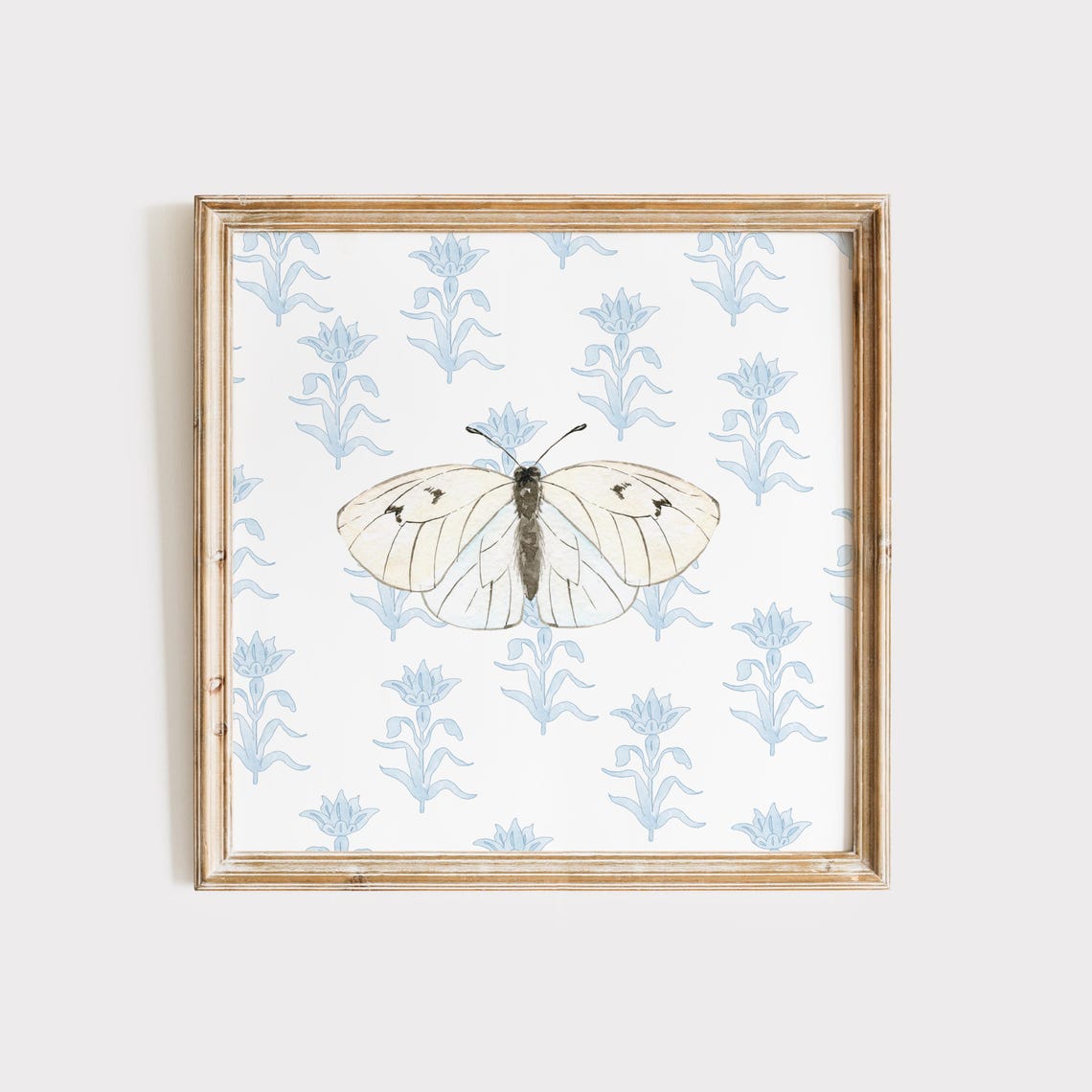 Dreamy Serene Cream Butterfly on Light Blue Floral Pattern Poster