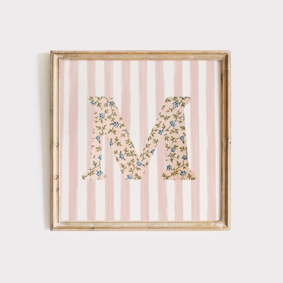 M Square Initial Floral Watercolor Art Print, Vintage
