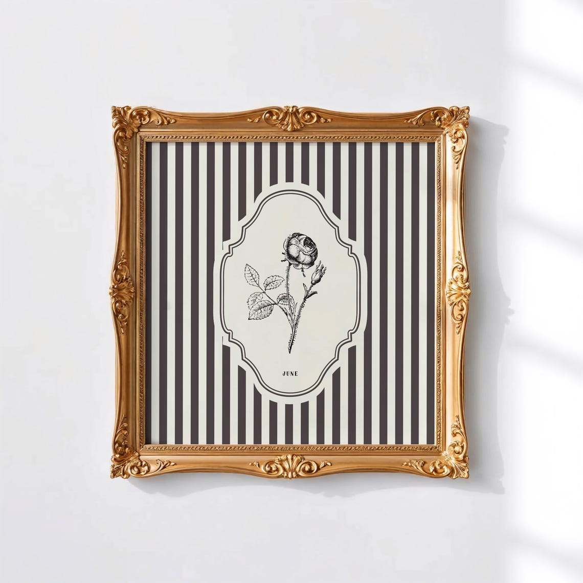 June Birth Month Rose Botanical Thin Line Art Striped Wall Print