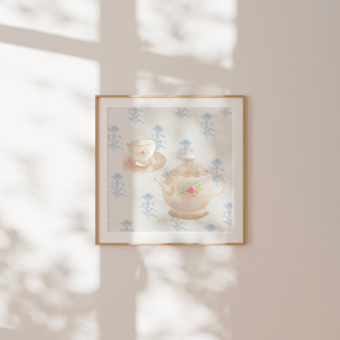 Pink Teapot Cottagecore Square Print Instant Wall Art Nursery Kitchen Living Room Art Cottage Core - Image 3