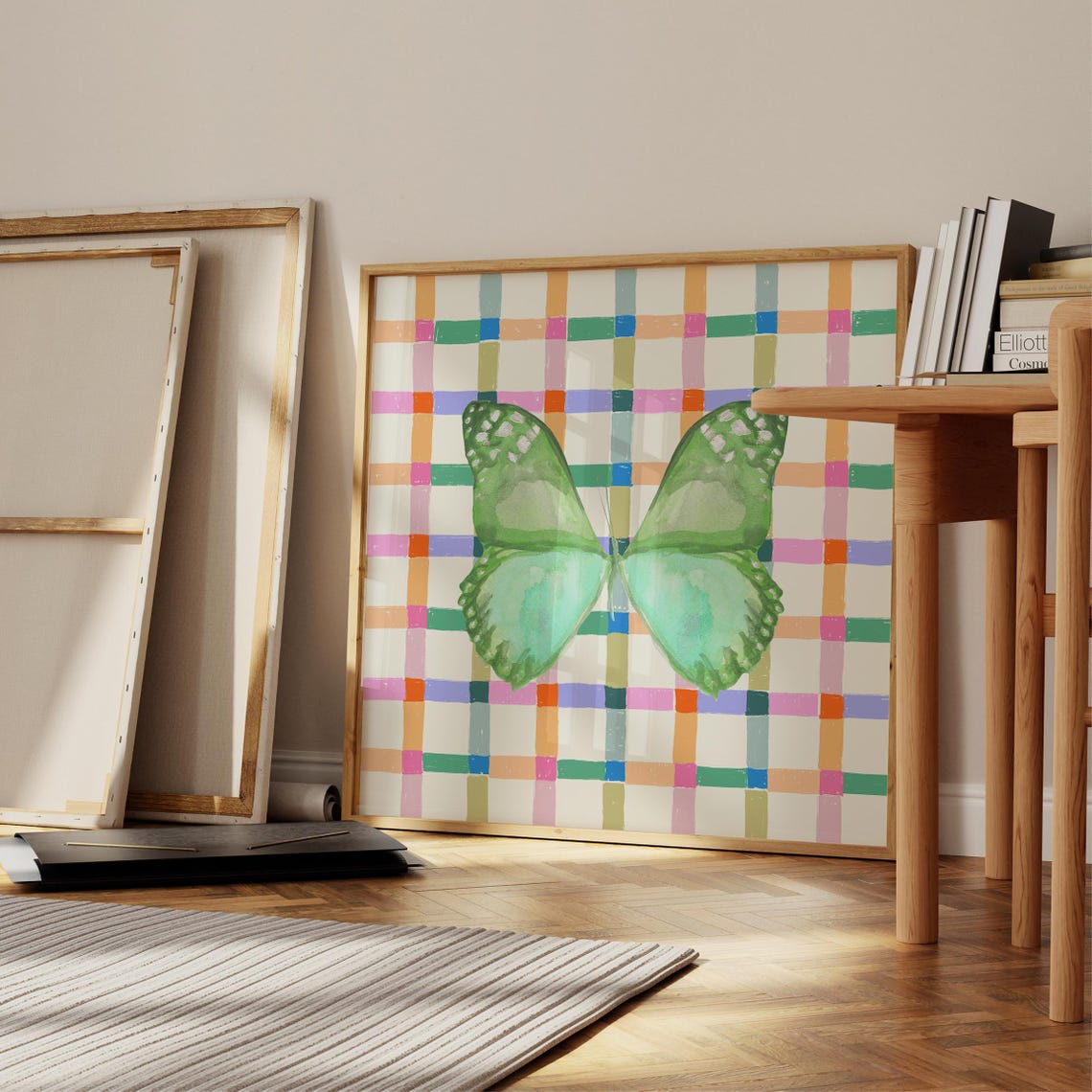 Emerald Green Butterfly Watercolor on Colorful Checkered Square Poster - Image 3