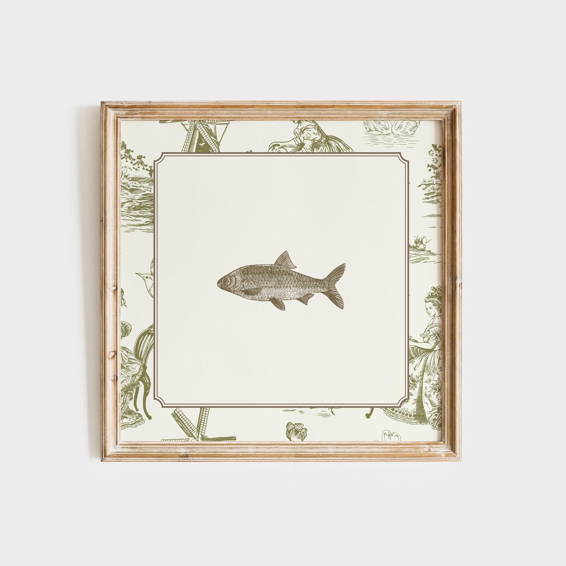 Vintage Green Toile Fish Print Art Print, Cottage Nursery - Image 4