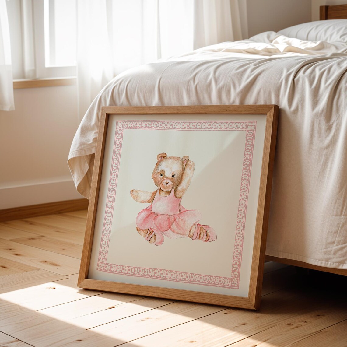 Teddy Bear Ballerina Tutu Watercolor Pink Border Nursery Wall Art - Image 2