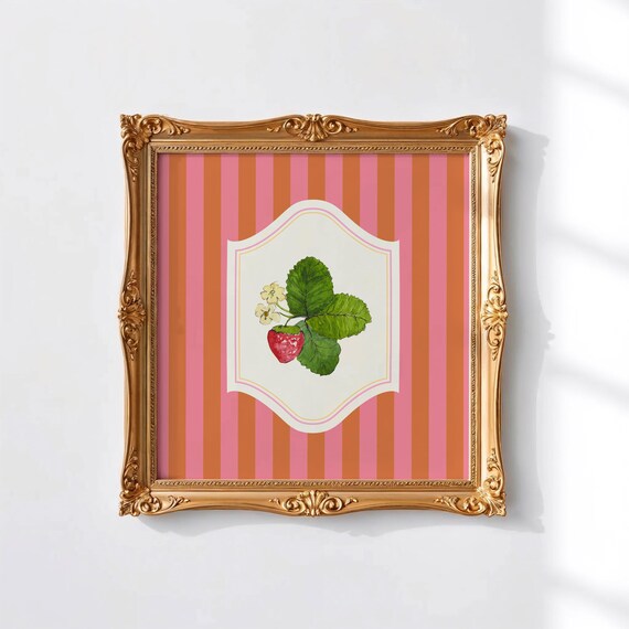 Orange And Pink Striped Berry Print Square Print Wall Art Kitchen Living Room Art Blue Thin Line Print