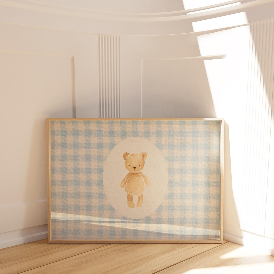 Blue Gingham Teddy Bear Art Print, Cottage Core Decor