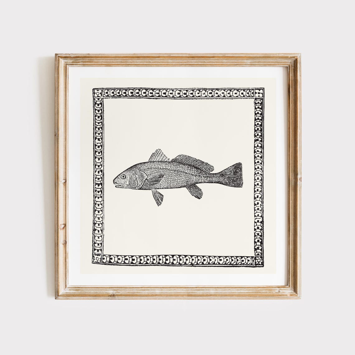 Black White Engraved Fish Illustration Ornate Border Art Poster