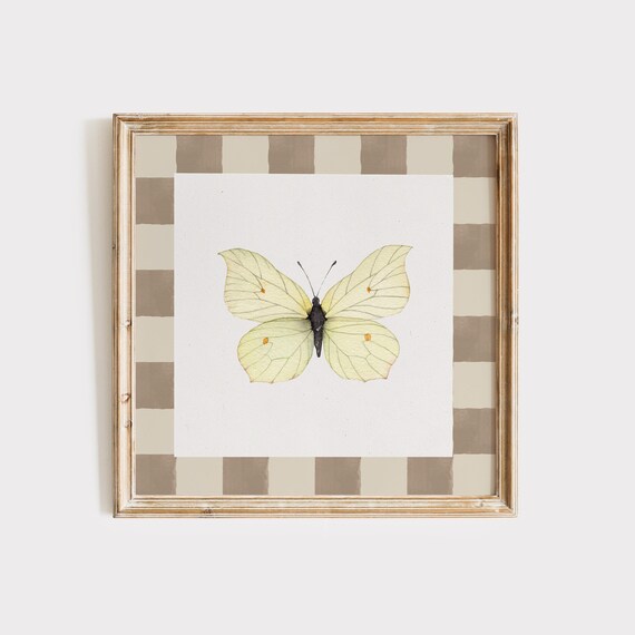 Pale Yellow Butterfly On Mocha Checkered Cottage Nursery Poster