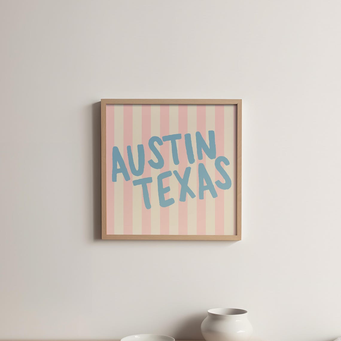 Austin Texas Blue Hand Lettered Pink Striped Square City Name Poster - Image 5