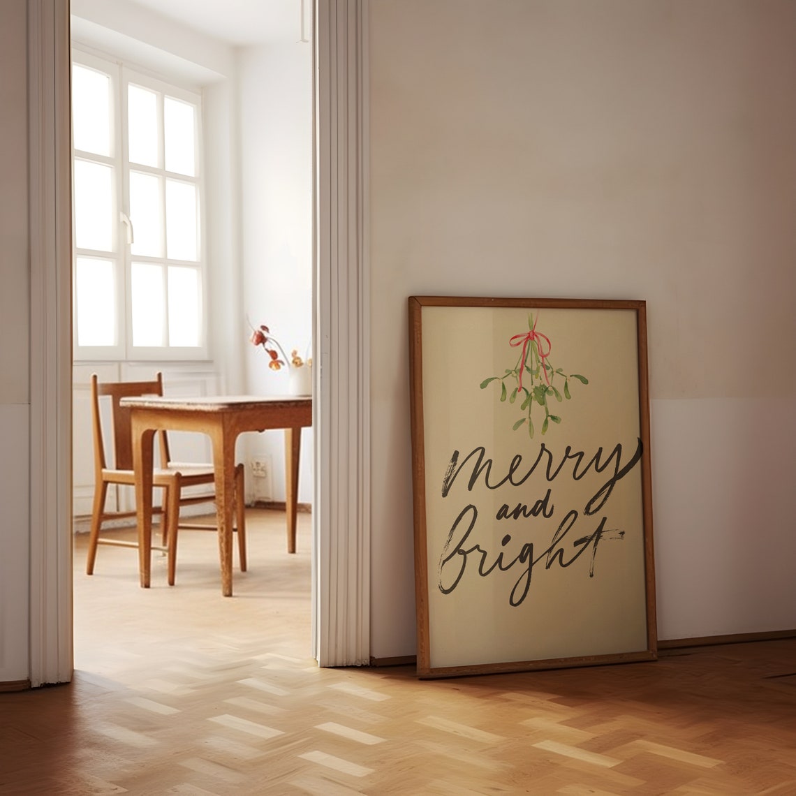 Merry and Bright Christmas Script Mistletoe Watercolor Poster - Image 2