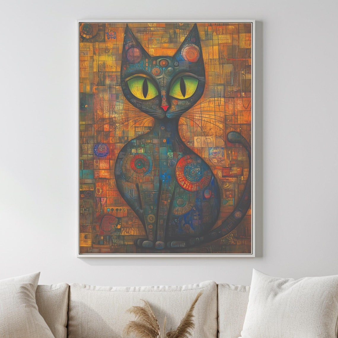 Black Mosaic Cat with Big Green Eyes Whimsical Pop Art Poster - Image 6