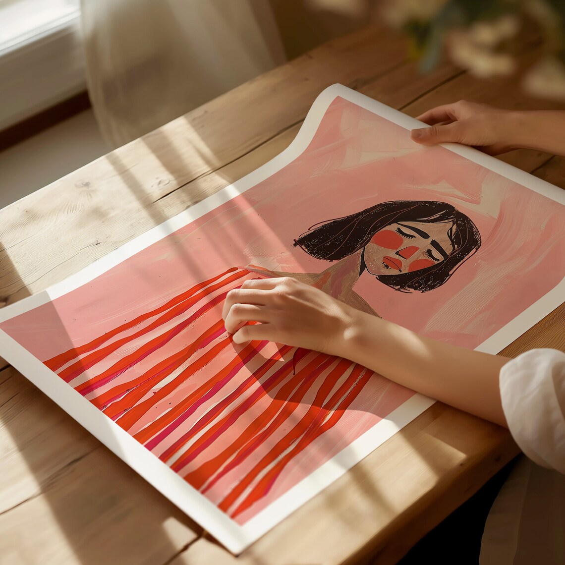 Shy Girl In Red Striped Dress Gouache Portrait On Pink Background Poster - Image 3