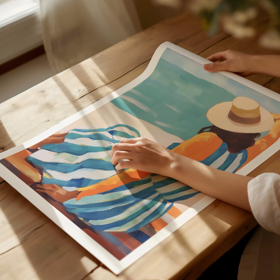 Woman in Striped Dress and Sun Hat Gazing at the Sea Summer Poster - Image 3