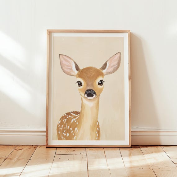 Deer Art Print Neutral Beige Wall Art Watercolor Deer Art Woodlands Nursery Animal Gender Neutral Wall Decor