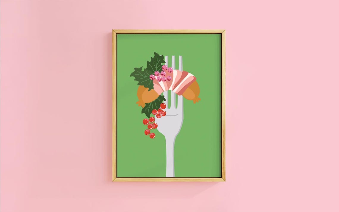 Cheeky Pigs In Blankets On Fork Holly Berries Green Humor Poster