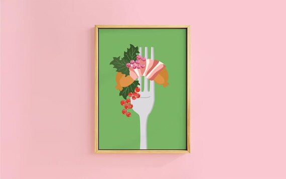 Cheeky Pigs In Blankets On Fork Holly Berries Green Humor Poster