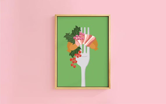 Pigs In Blanket Christmas Poster Fork Art Print Unframed Eclectic Kitchen Holly Berry Mantle Xmas Bold Gallery Decor