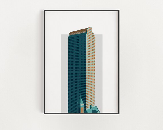 Denver Cash Register Building Print Architecture Drawing Colorado Wall Art Orange Blue