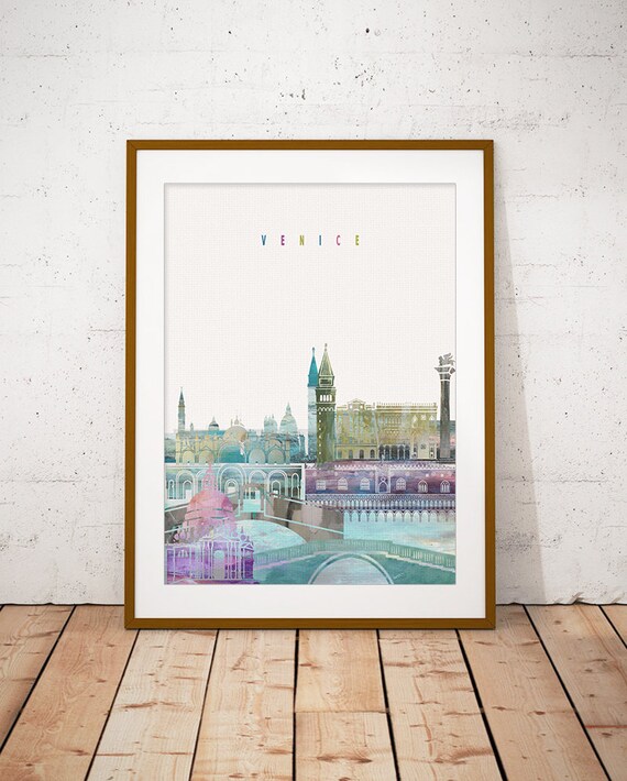 Venice Italy Watercolor Canals Landmark Skyline Art Modern Home Decor Poster