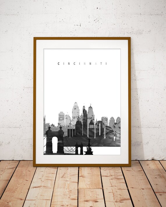 Cincinnati Monochrome Skyline Bridge Modern Home Wall Decor Poster