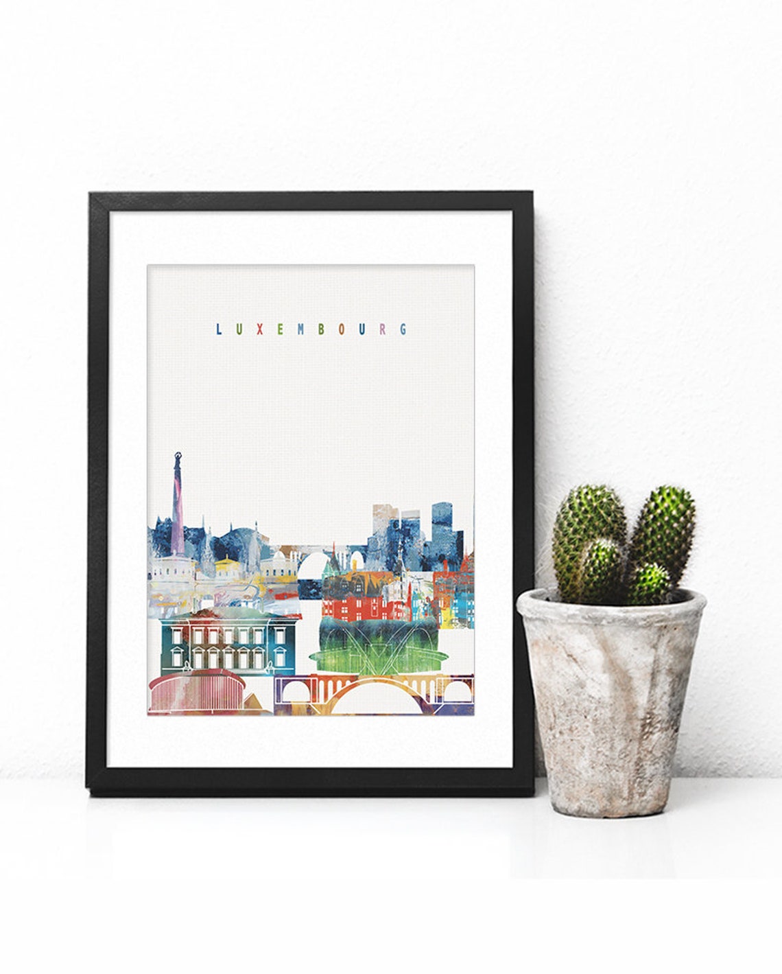 Luxembourg Colorful Watercolor City Skyline Landmarks Art Poster - Image 2