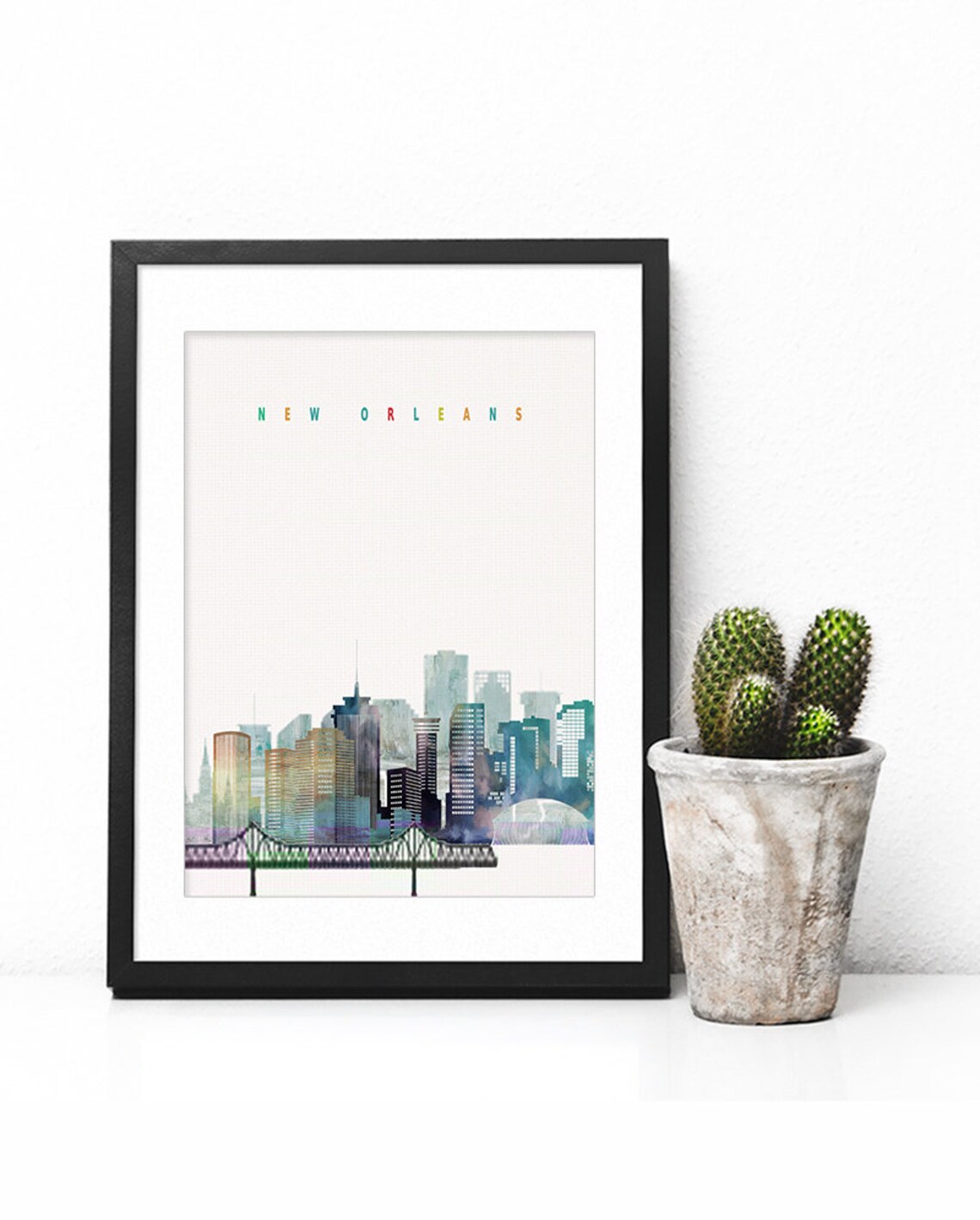 New Orleans Louisiana Watercolor Skyline Bridge Cityscape Poster - Image 2