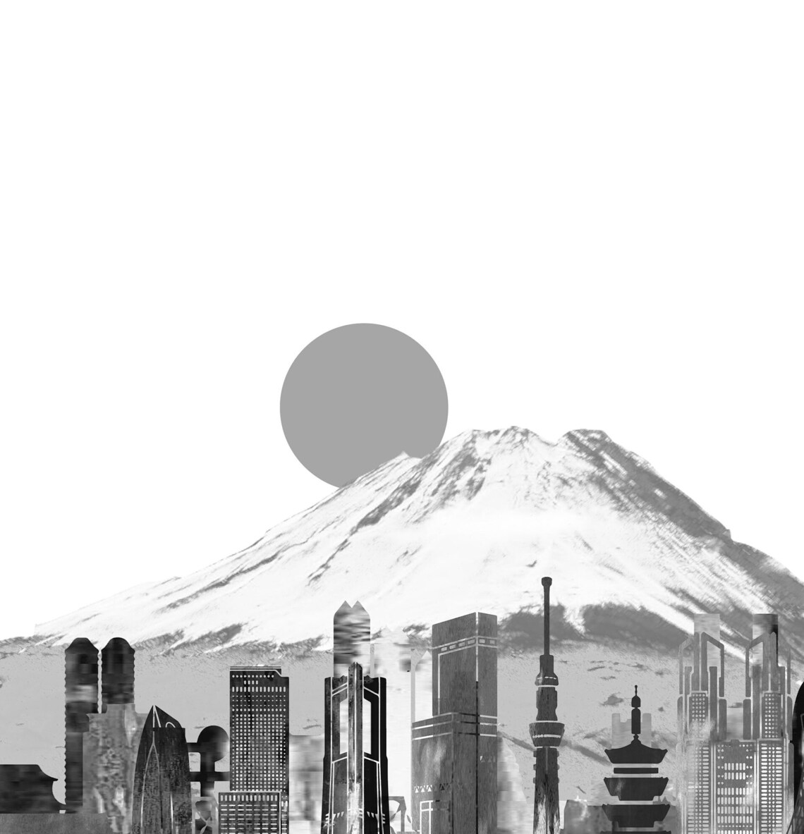 Tokyo Monochrome Skyline Mt Fuji Sun Modern Home Decor Poster - Image 2