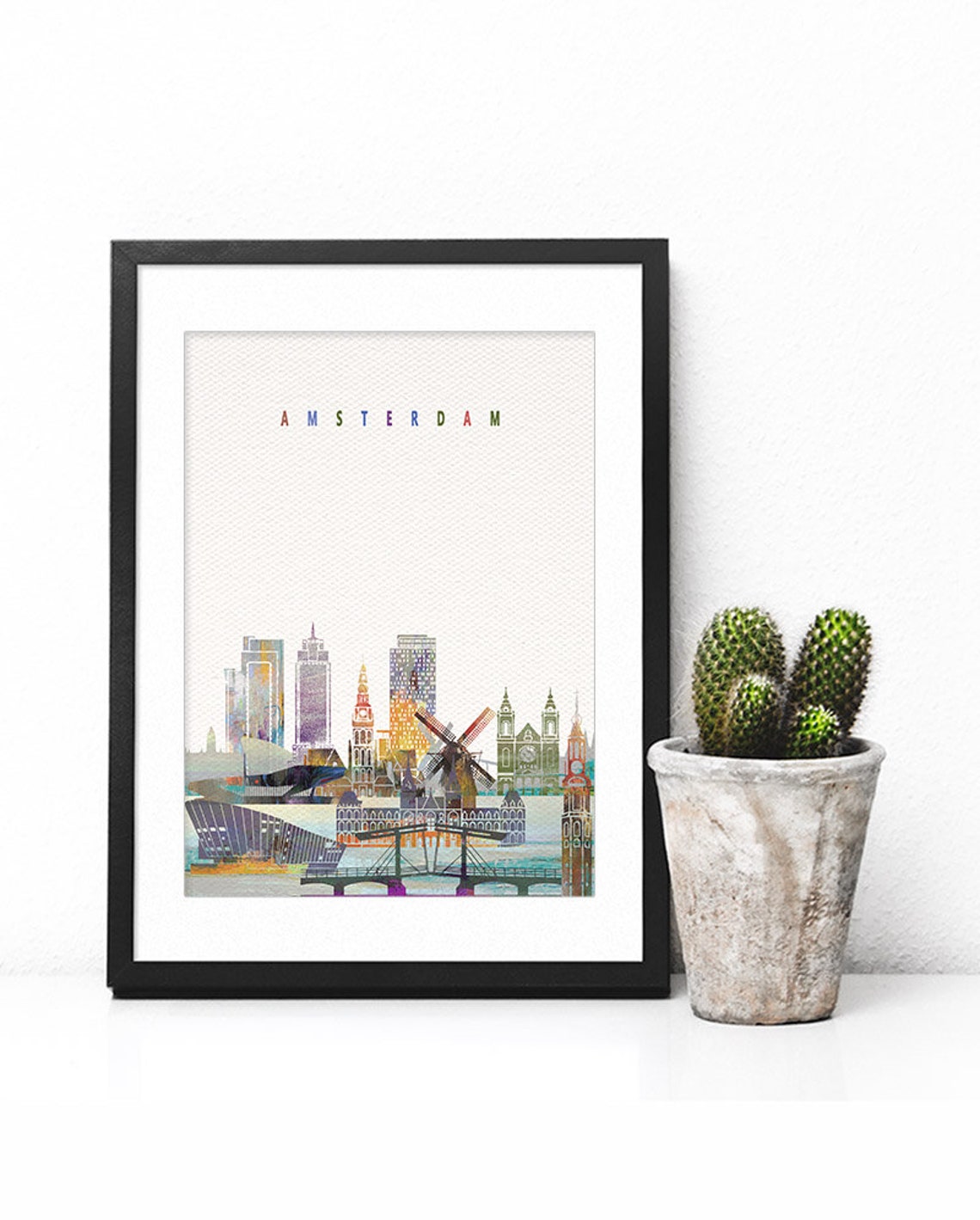 Amsterdam Netherlands Windmill Canal Watercolor Skyline Poster - Image 2