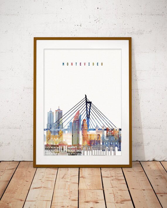 Montevideo Uruguay Colorful Watercolor City Skyline Bridge Poster
