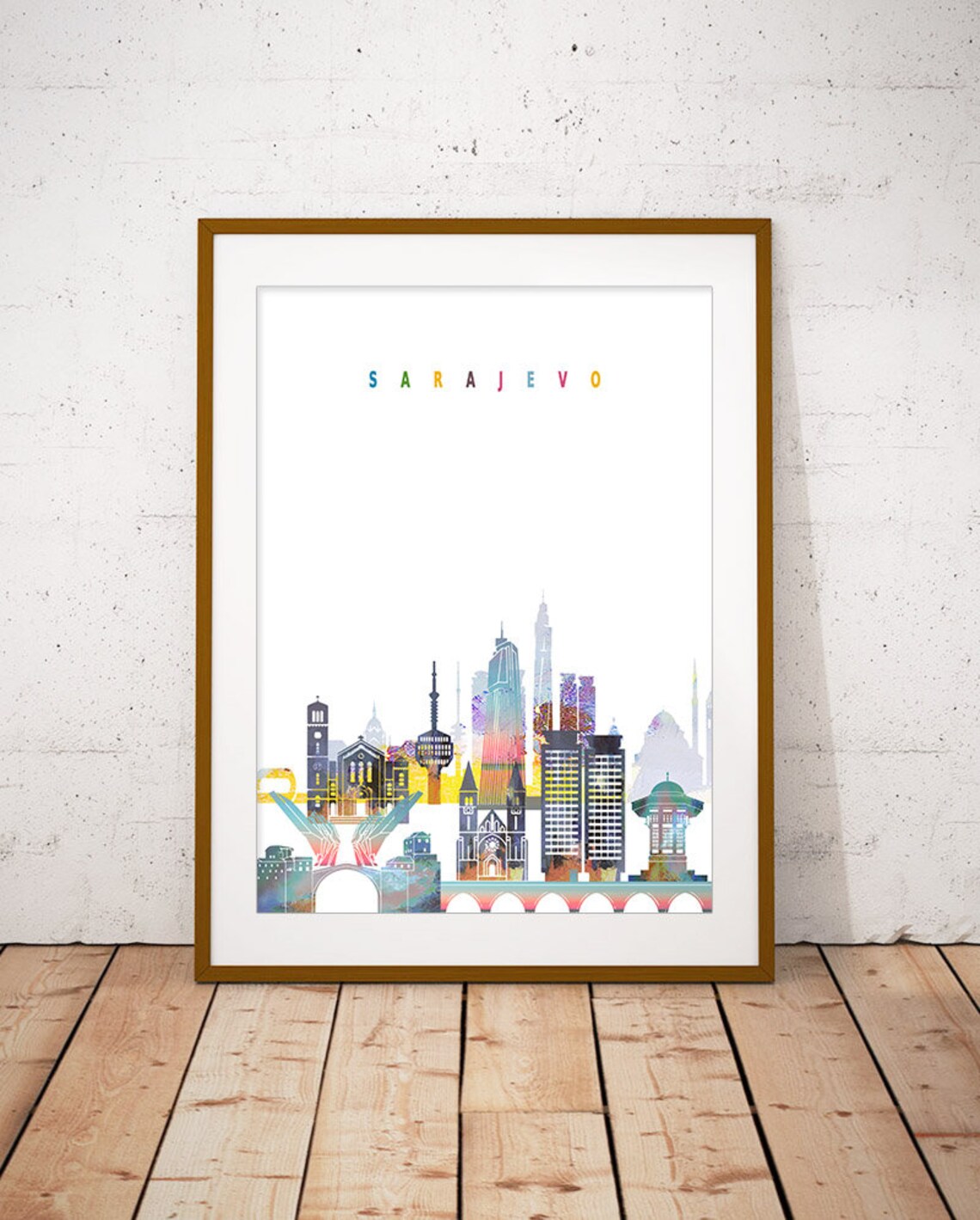 Sarajevo Bright Colorful Watercolor City Skyline Wall Decor Poster