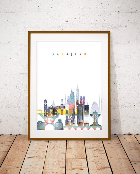 Sarajevo Bright Colorful Watercolor City Skyline Wall Decor Poster