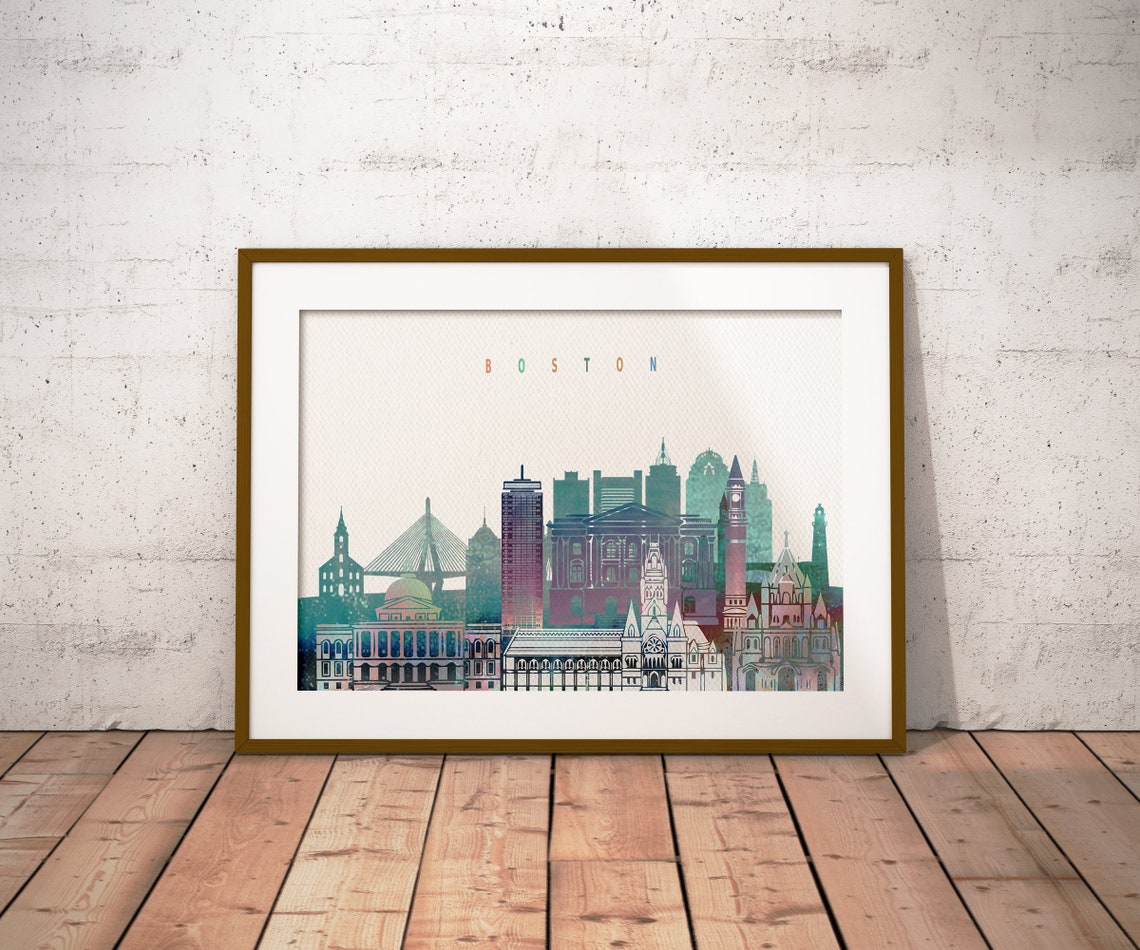 Boston Watercolor City Skyline Modern Home Wall Decor Poster