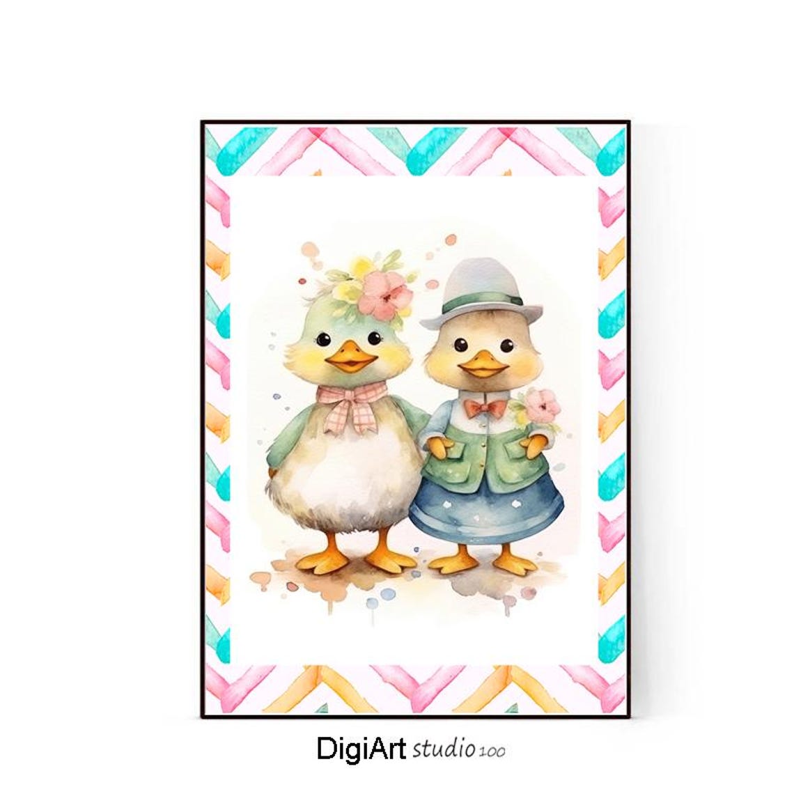 Cute Duckling Pair Watercolor Nursery Farm Animal Art Poster