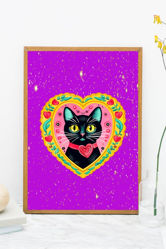 Black Cat Heart Frame Folk Art Starry Purple Retro Kitten Poster