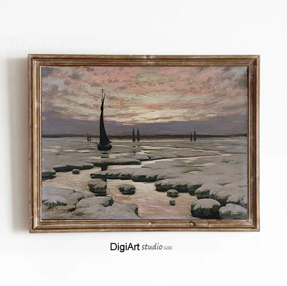 Winter Sunset Sailboats on Ice Atmospheric Pink Sky Seascape Poster