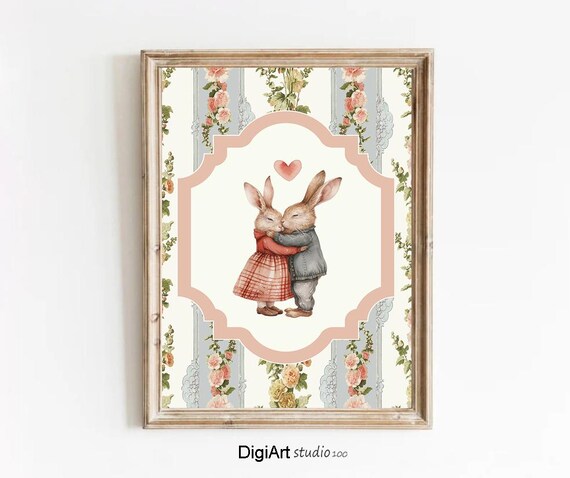 Vintage Rabbits Hugging Floral Frame Romantic Bunny Nursery Art Poster