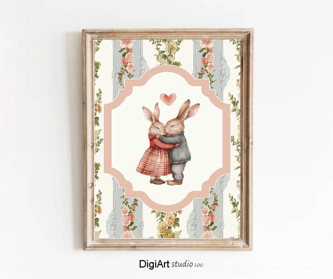 Vintage Rabbits Hugging Floral Frame Romantic Bunny Nursery Art Poster