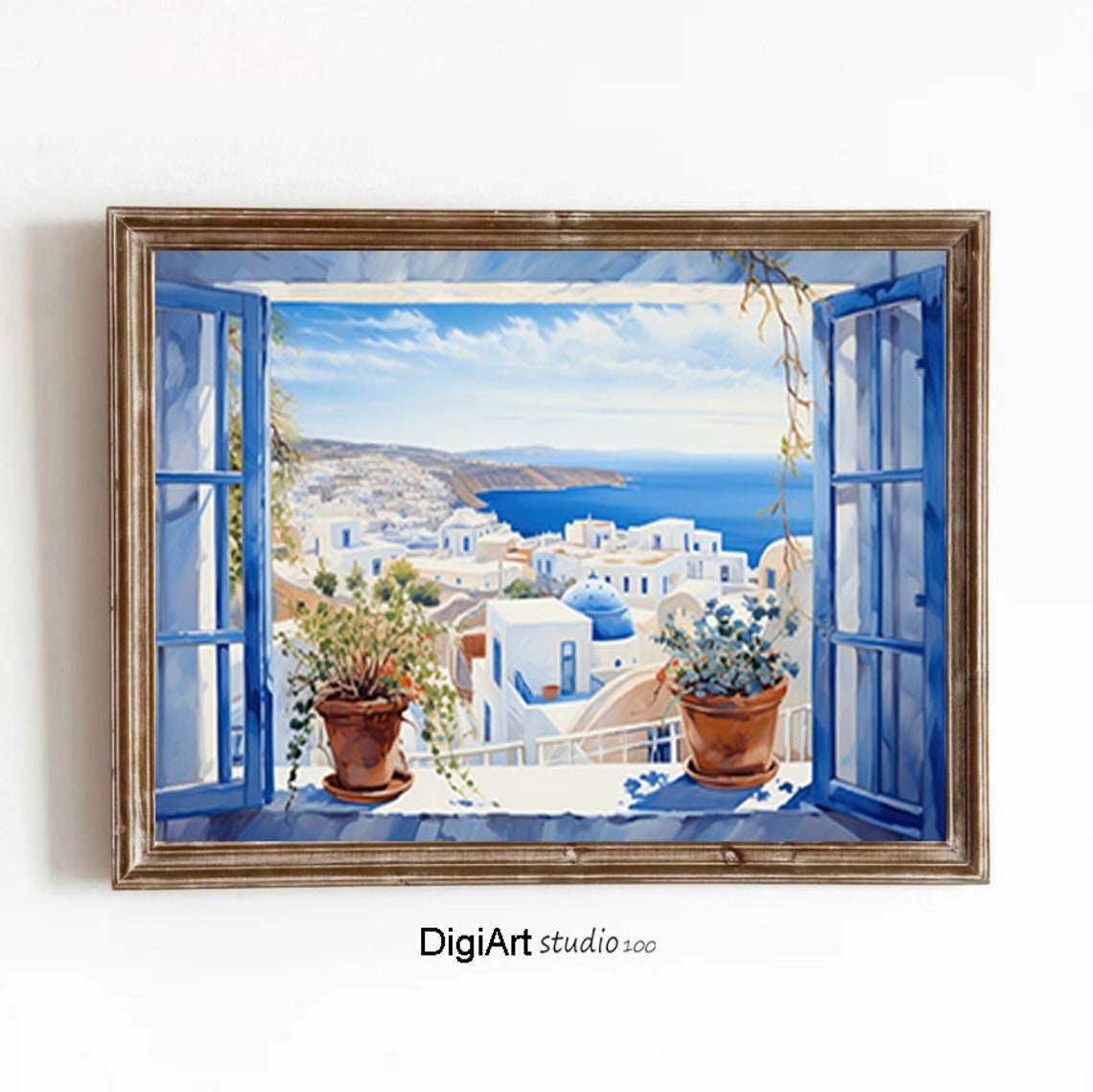 Santorini View Open Blue Window Whitewashed Village Aegean Sea Poster