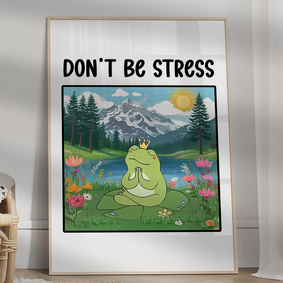Dont Be Stress Poster Cute Frog Retro Meditation Yoga Trendy Large Wall Art Colorful