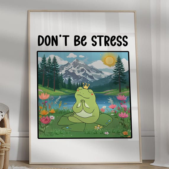 Dont Be Stress Poster Cute Frog Retro Meditation Yoga Trendy Large Wall Art Colorful