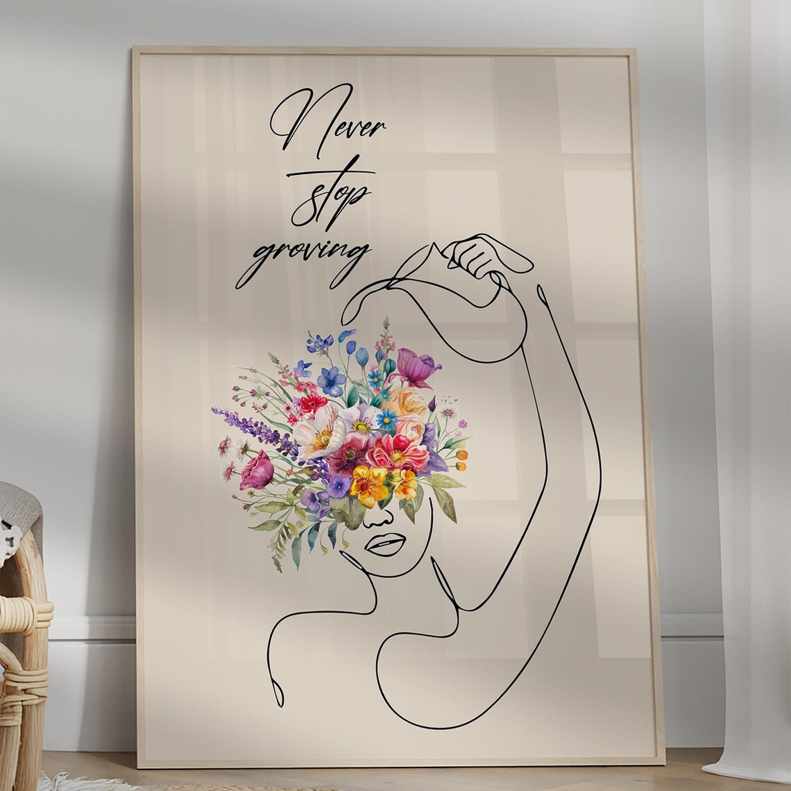 Never Stop Growing Floral Woman One Line Art Motivational Poster