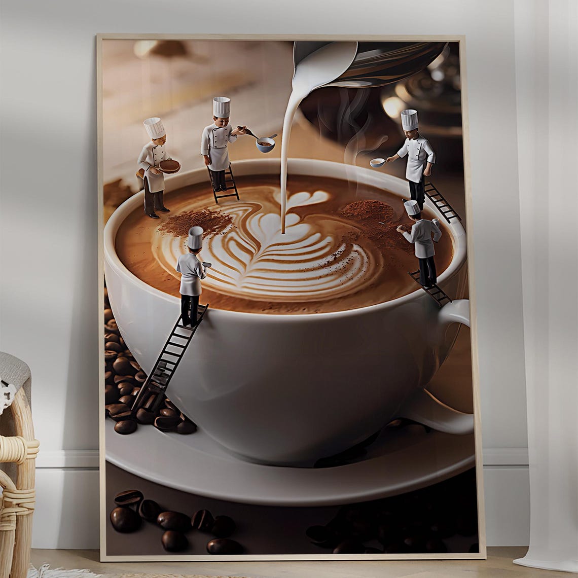 Miniature Chefs Decorating a Giant Latte Art Coffee Cup Poster