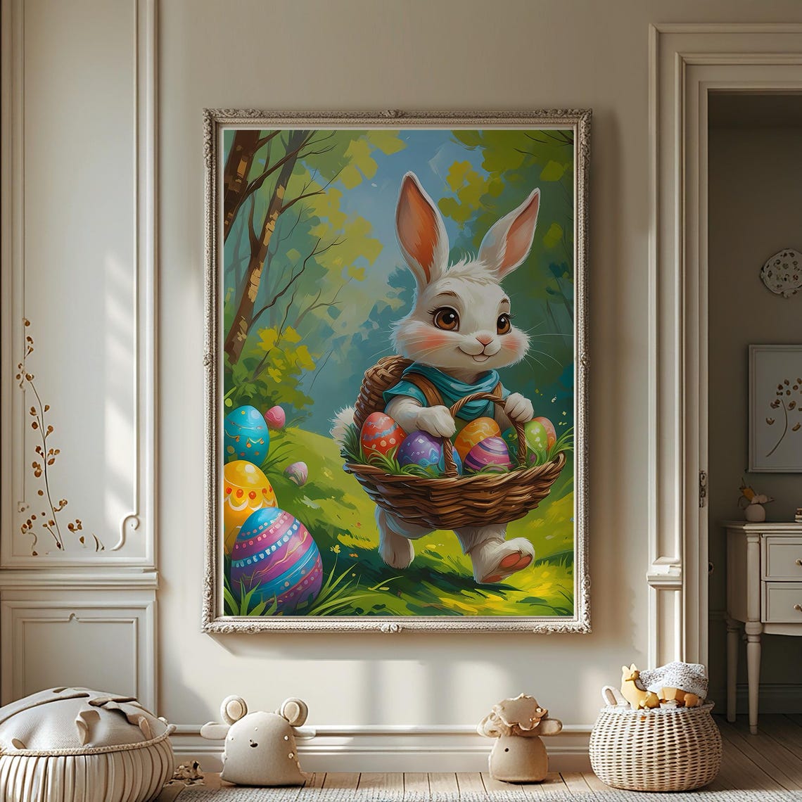 Forest Easter Bunny Poster Flower Style Oil Paint Effect Kids Room Print Wall Art For Nursery Decor