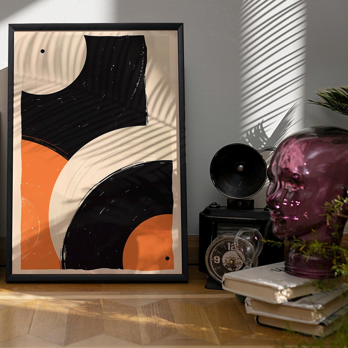 Abstract Geometric Poster Mid Century Modern Wall Art Retro Minimalist Print Orange Black Decor