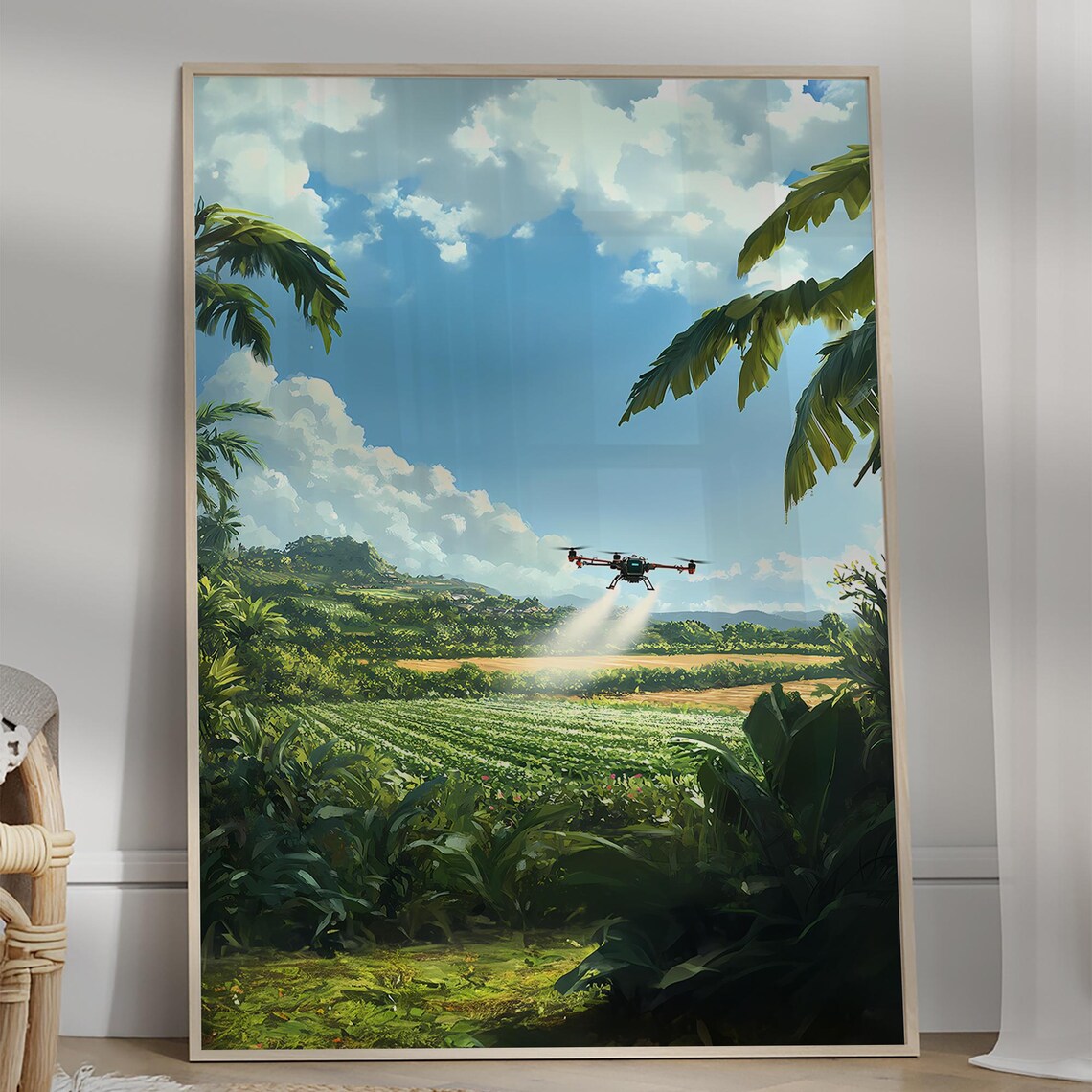 Aerial Drone View Over Tropical Palm Farm Green Hills Blue Sky Poster