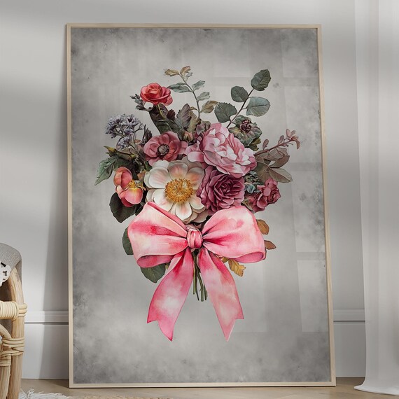 Flower Art Bouquet Botanical Gallery Living Room Decor Vintage Bow Poster Retro Wall Pink Print