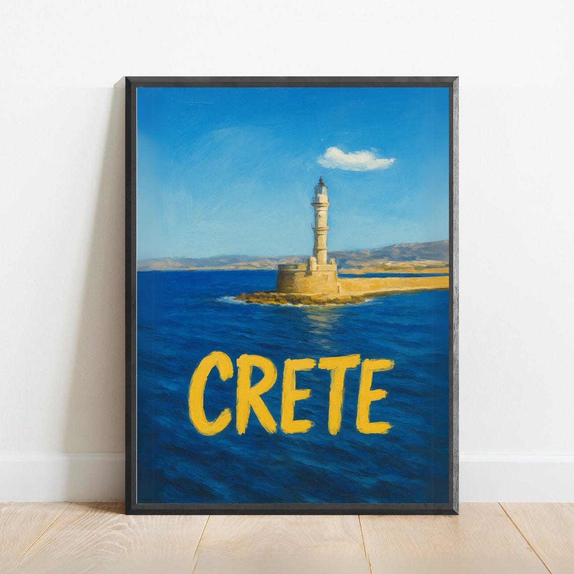 Crete Lighthouse Coastal Travel Poster With Blue Sea Mediterranean Art