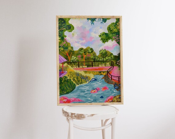 Bali River Gouache Painting, Canggu Indonesia Art Print
